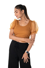 Load image into Gallery viewer, Round neck Blouses with Puffy Organza Sleeves - Mustard - Blouse featured