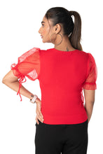 Load image into Gallery viewer,  Round neck Blouses with Puffy Organza Sleeves- Plus Size - Red - Blouse featured