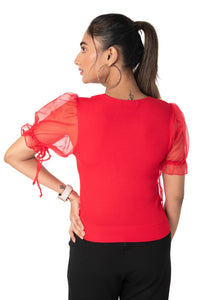  Round neck Blouses with Puffy Organza Sleeves- Plus Size - Red - Blouse featured