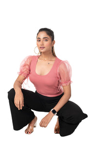  Round neck Blouses with Puffy Organza Sleeves- Plus Size - Rose_Pink - Blouse featured