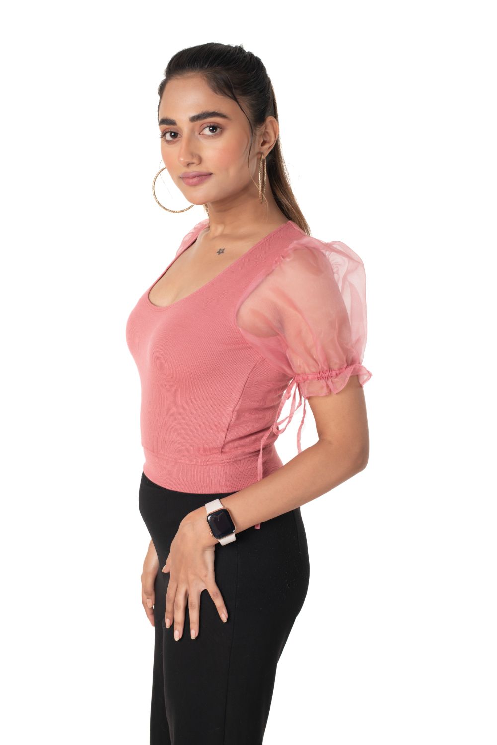 Round neck Blouses with Puffy Organza Sleeves - Rose_Pink - Blouse featured