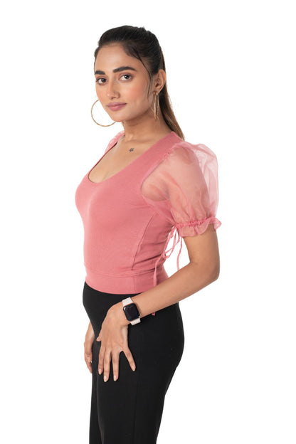 Round neck Blouses with Puffy Organza Sleeves - Rose_Pink - Blouse featured