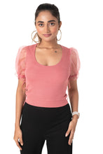 Load image into Gallery viewer,  Round neck Blouses with Puffy Organza Sleeves- Plus Size - Rose_Pink - Blouse featured