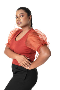 Round neck Blouses with Puffy Organza Sleeves - Rust - Blouse featured