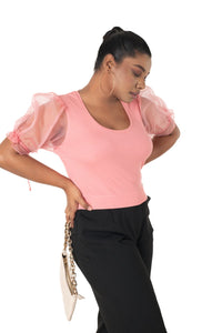 Round neck Blouses with Puffy Organza Sleeves - Sakura_Pink - Blouse featured