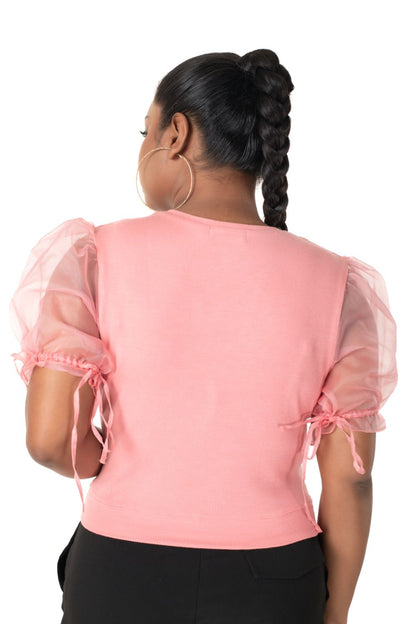 Round neck Blouses with Puffy Organza Sleeves - Sakura_Pink - Blouse featured
