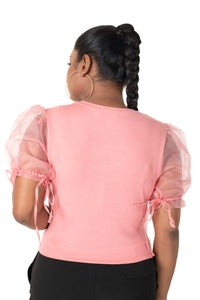  Round neck Blouses with Puffy Organza Sleeves- Plus Size - Sakura_Pink - Blouse featured