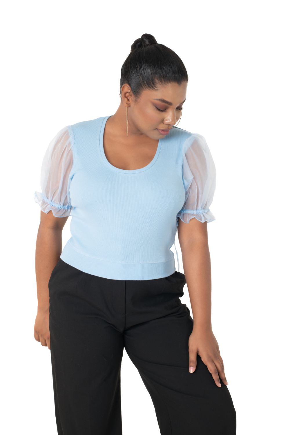 Round neck Blouses with Puffy Organza Sleeves - Sky_Blue - Blouse featured