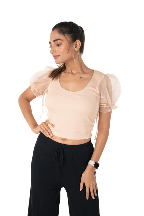 Round neck Blouses with Puffy Organza Sleeves - Tan - Blouse featured