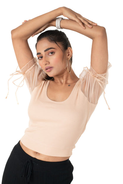 Round neck Blouses with Puffy Organza Sleeves - Tan - Blouse featured