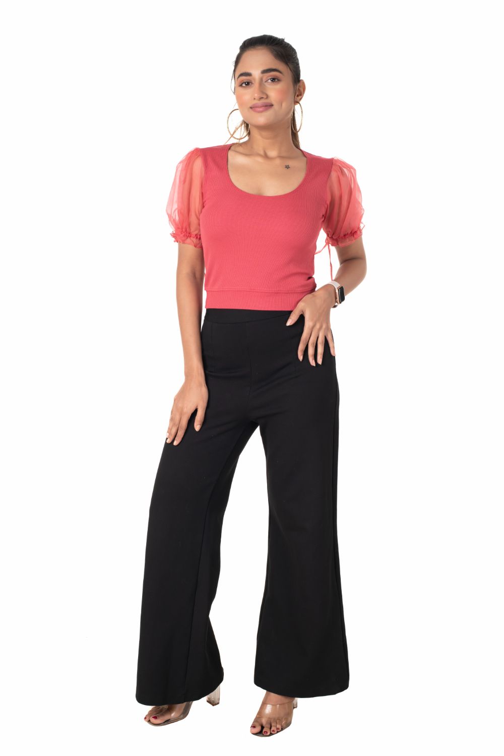 Round neck Blouses with Puffy Organza Sleeves - Vermillion Red - Blouse featured