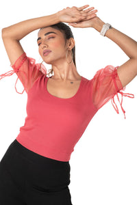 Round neck Blouses with Puffy Organza Sleeves - Vermillion Red - Blouse featured