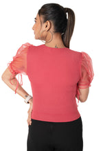 Load image into Gallery viewer, Round neck Blouses with Puffy Organza Sleeves - Vermillion Red - Blouse featured