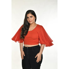 Load image into Gallery viewer, Hosiery Deep Neck Blouses - Butterfly Sleeves - Regular Size - Brick_Red - Blouse featured