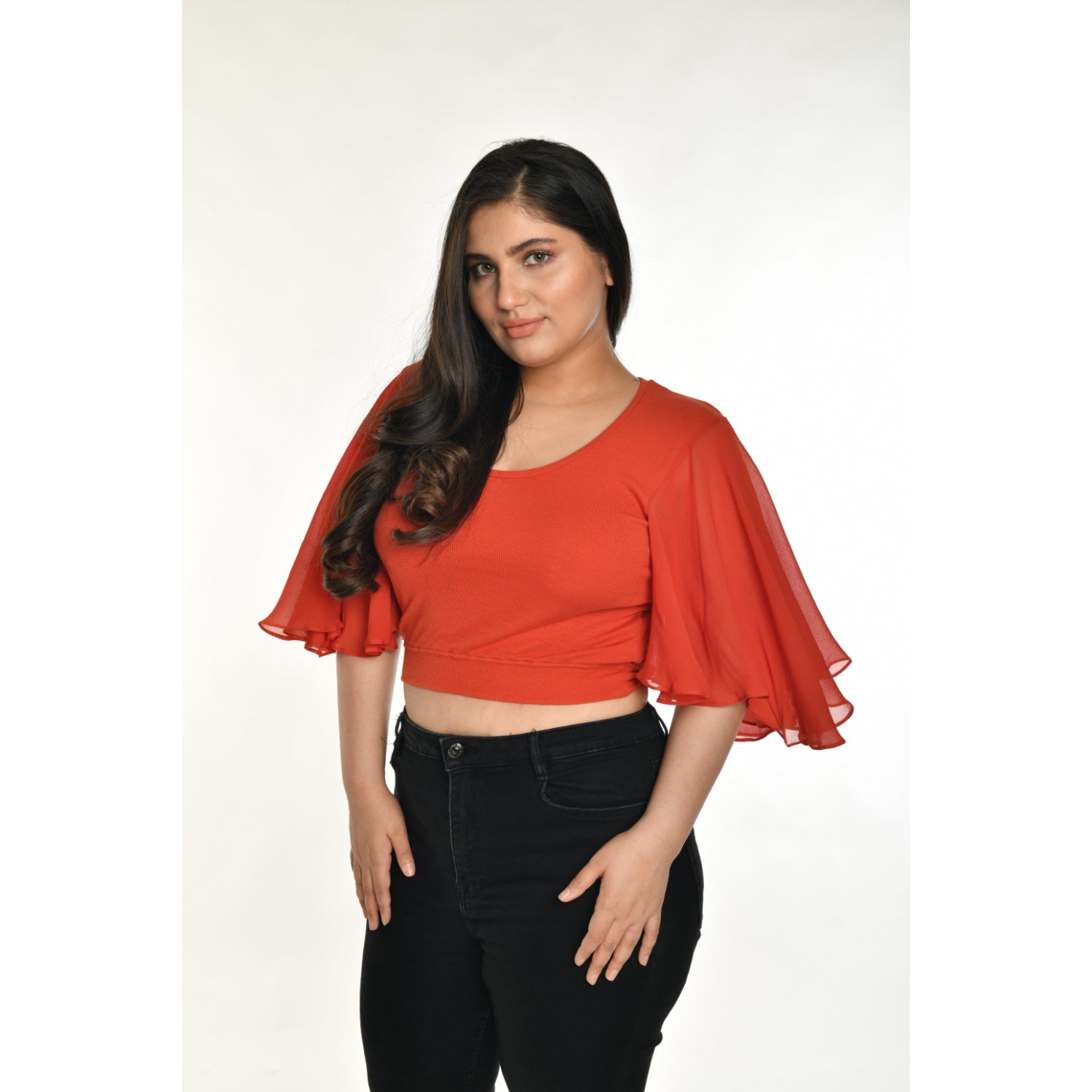 Hosiery Deep Neck Blouses - Butterfly Sleeves - Plus Size - Brick Red - Blouse featured