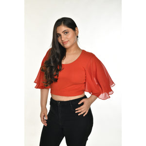 Hosiery Deep Neck Blouses - Butterfly Sleeves - Plus Size - Brick Red - Blouse featured