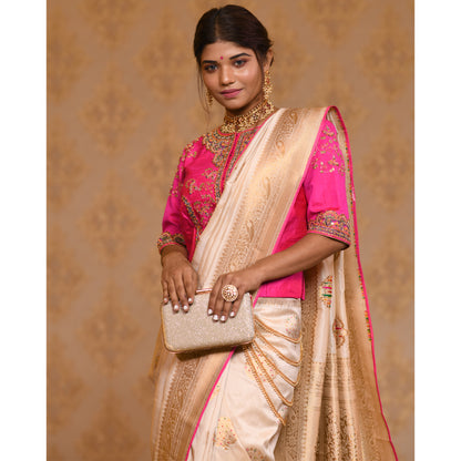 Bright Pink and Ivory Saree with Zari Saree
