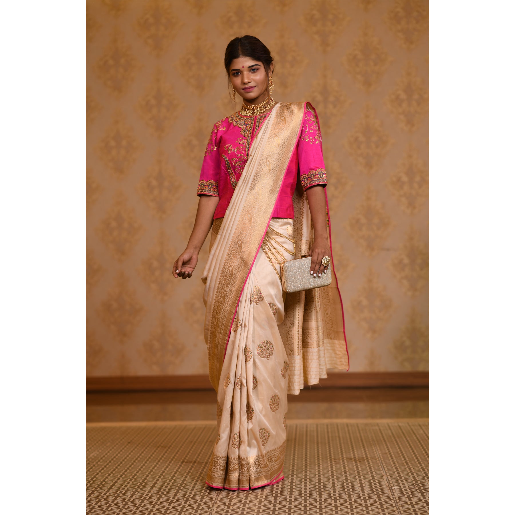 Bright Pink and Ivory Saree with Zari Saree