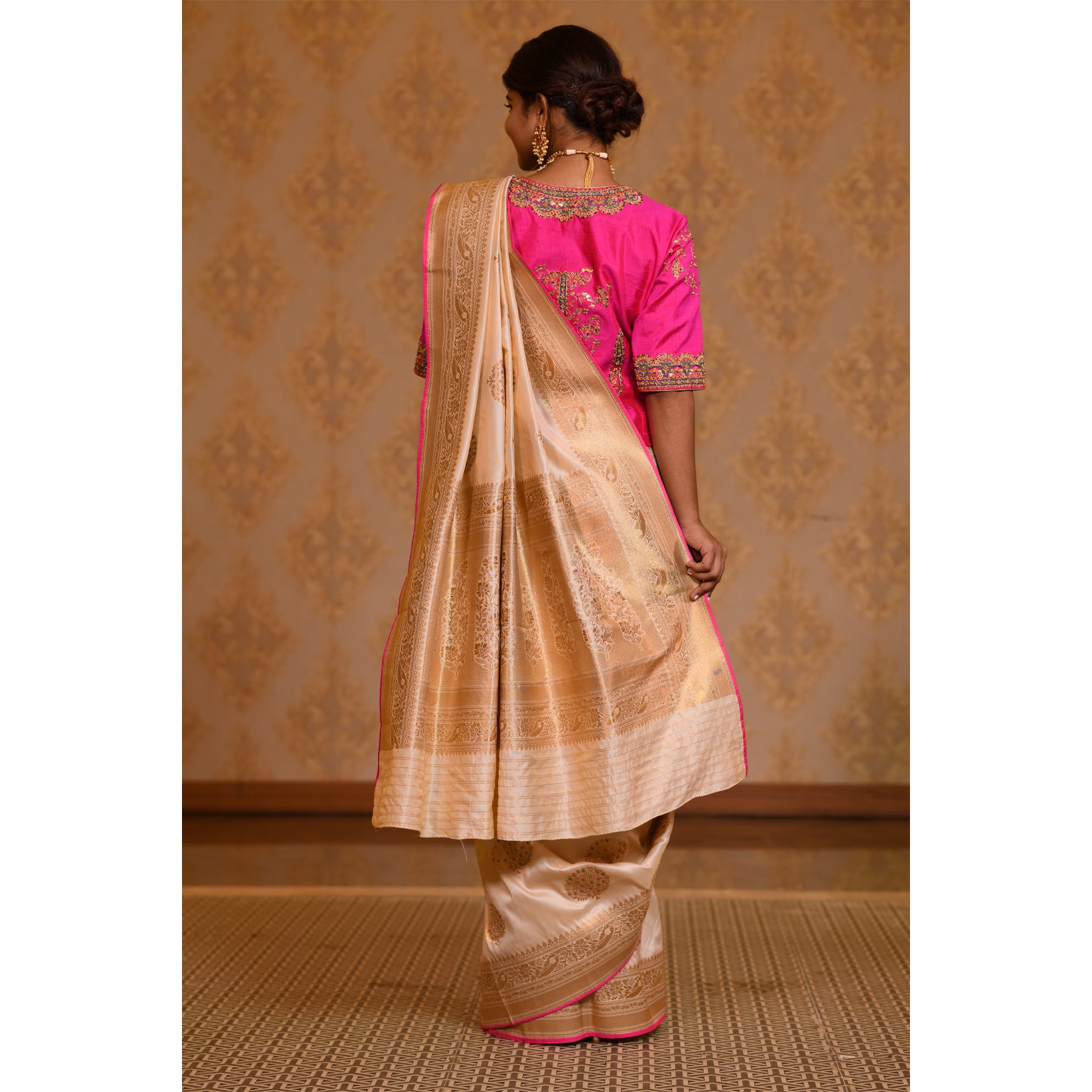 Bright Pink and Ivory Saree with Zari Saree