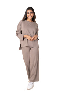 Cosy Classic Divaa Co-ord Set full sleeve light brown lounge wear featured