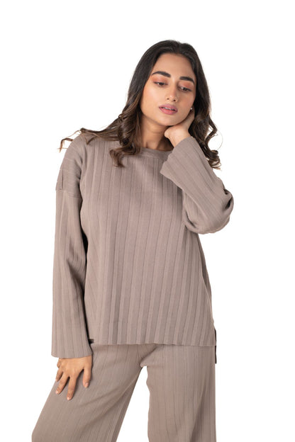 Cosy Classic Divaa Co-ord Set full sleeve light brown lounge wear featured