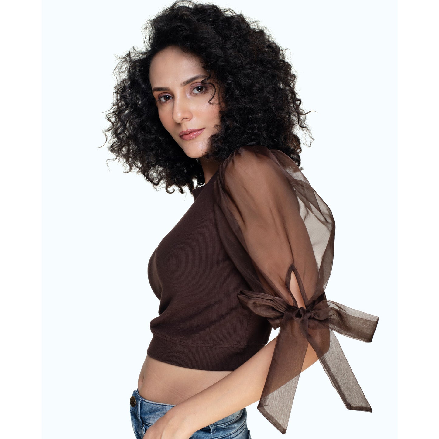 Hosiery Blouses- Bow Tie Up Sleeves - Dark Brown - Blouse featured