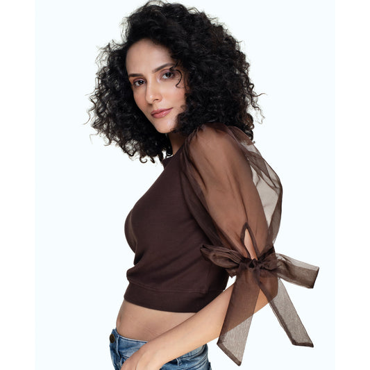 Hosiery Blouses- Bow Tie Up Sleeves - Dark Brown - Blouse featured