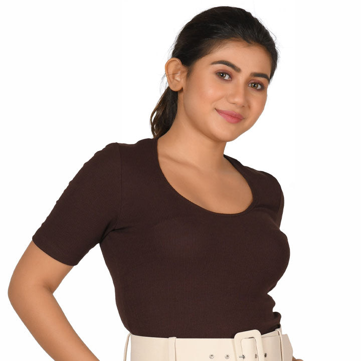 Hosiery Blouse- Regular Deep Round Neck - Dark Brown - Blouse featured