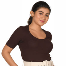 Load image into Gallery viewer, Hosiery Blouse- Regular Deep Round Neck - Dark Brown - Blouse featured