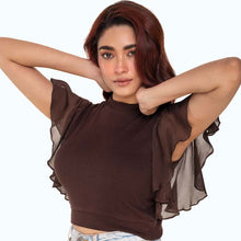 Load image into Gallery viewer, Hosiery Blouses- Flutter Sleeves - Dark Brown - Blouse featured