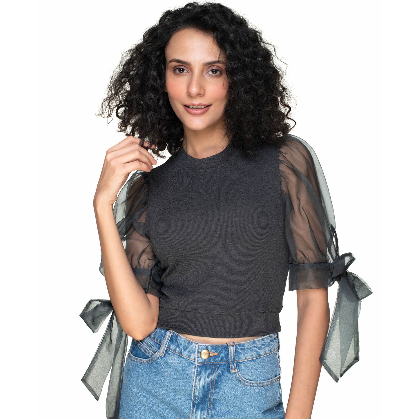 Hosiery Blouses- Bow Tie Up Sleeves - Dark Grey - Blouse featured