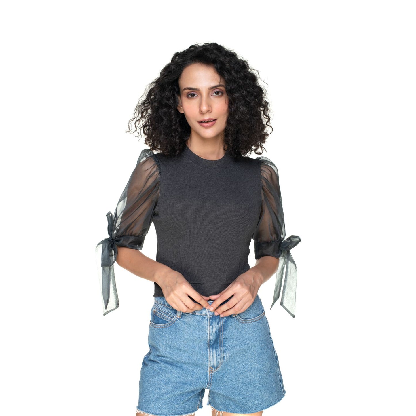 Hosiery Blouses- Bow Tie Up Sleeves - Dark Grey - Blouse featured