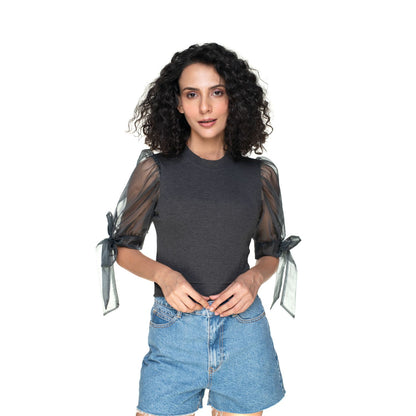 Hosiery Blouses- Bow Tie Up Sleeves - Dark Grey - Blouse featured