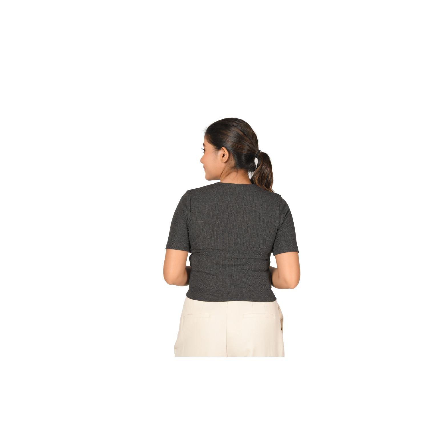 Hosiery Blouse- Regular Deep Round Neck - Dark Grey - Blouse featured