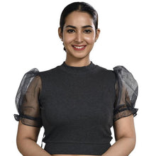 Load image into Gallery viewer, Hosiery Blouses with Puffy Organza Sleeves - Dark Grey - Blouse featured