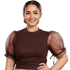 Hosiery Blouses with Puffy Organza Sleeves - Dark Brown - Blouse featured
