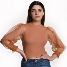 Load image into Gallery viewer, Hosiery Blouses with Puffy Organza Full Sleeves - Cider - Blouse featured