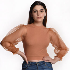 Hosiery Blouses with Puffy Organza Full Sleeves - Cider - Blouse featured