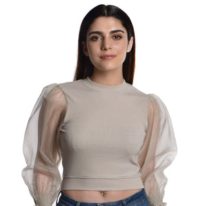 Hosiery Blouses with Puffy Organza Full Sleeves - Calm Ivory - Blouse featured