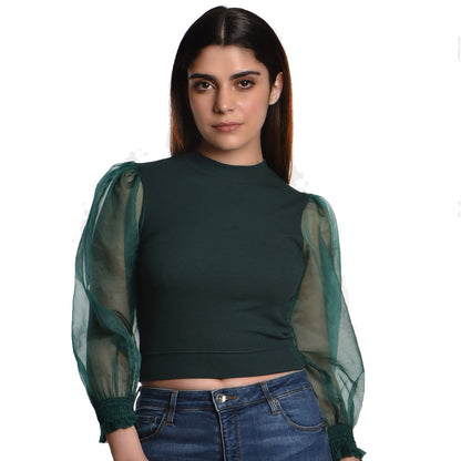 Hosiery Blouses with Puffy Organza Full Sleeves -  Green - Blouse featured