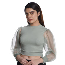 Load image into Gallery viewer, Hosiery Blouses with Puffy Organza Full Sleeves - Mint Green - Blouse featured