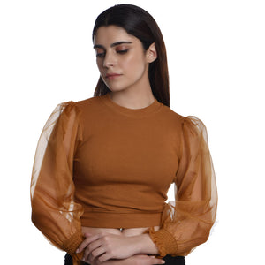Hosiery Blouses with Puffy Organza Full Sleeves -  Mustard - Blouse featured