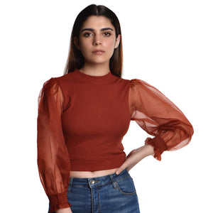 Hosiery Blouses with Puffy Organza Full Sleeves - Rust - Blouse featured
