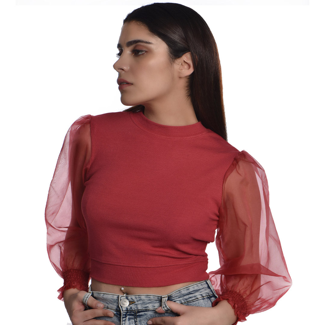 Hosiery Blouses with Puffy Organza Full Sleeves - Vermilion Red - Blouse featured