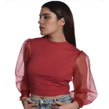 Load image into Gallery viewer, Hosiery Blouses with Puffy Organza Full Sleeves - Vermilion Red - Blouse featured