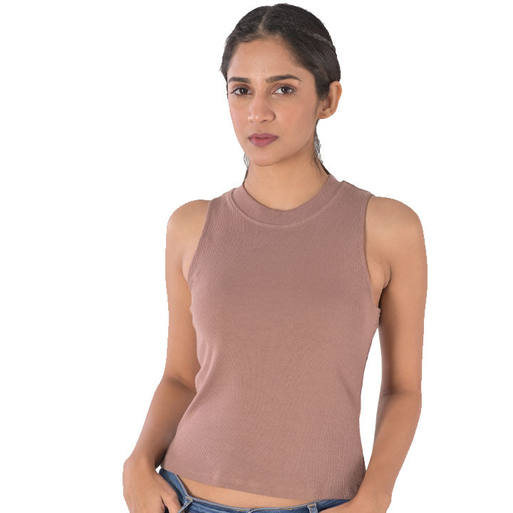 Sleeveless Hosiery Blouses - Light Brown - Blouse featured