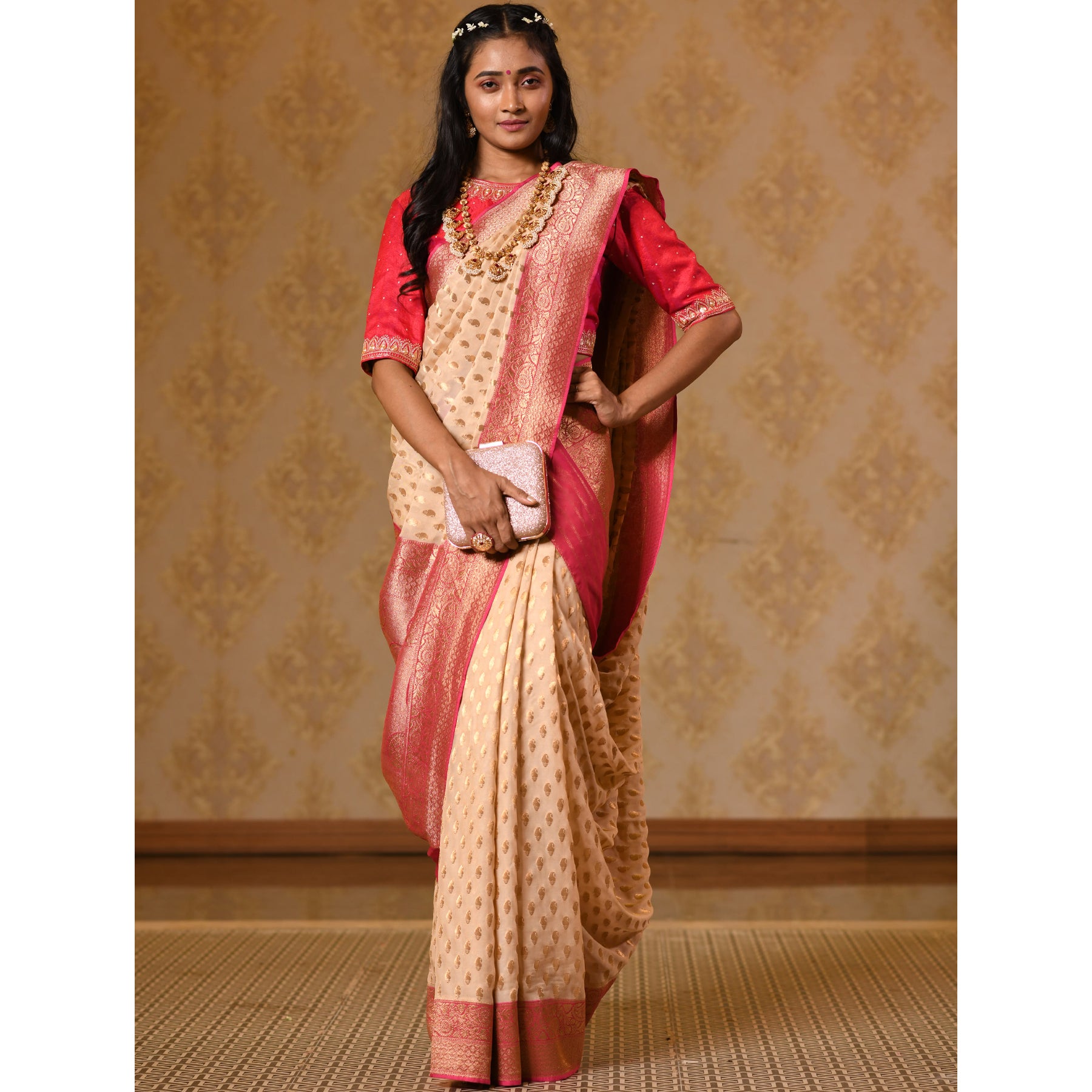 Ivory and Red Georgette Saree Saree