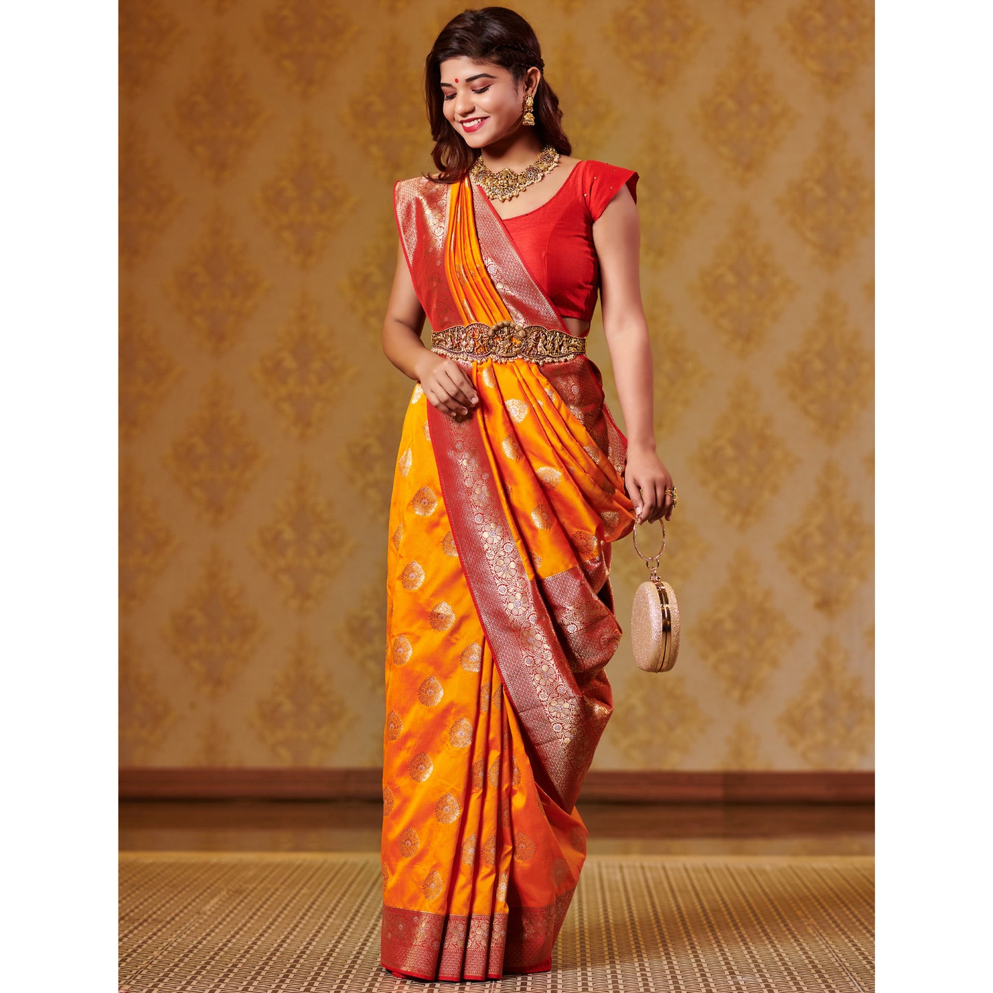 Kesar and Red Saree with Zari Bootas and Heavy Border Saree