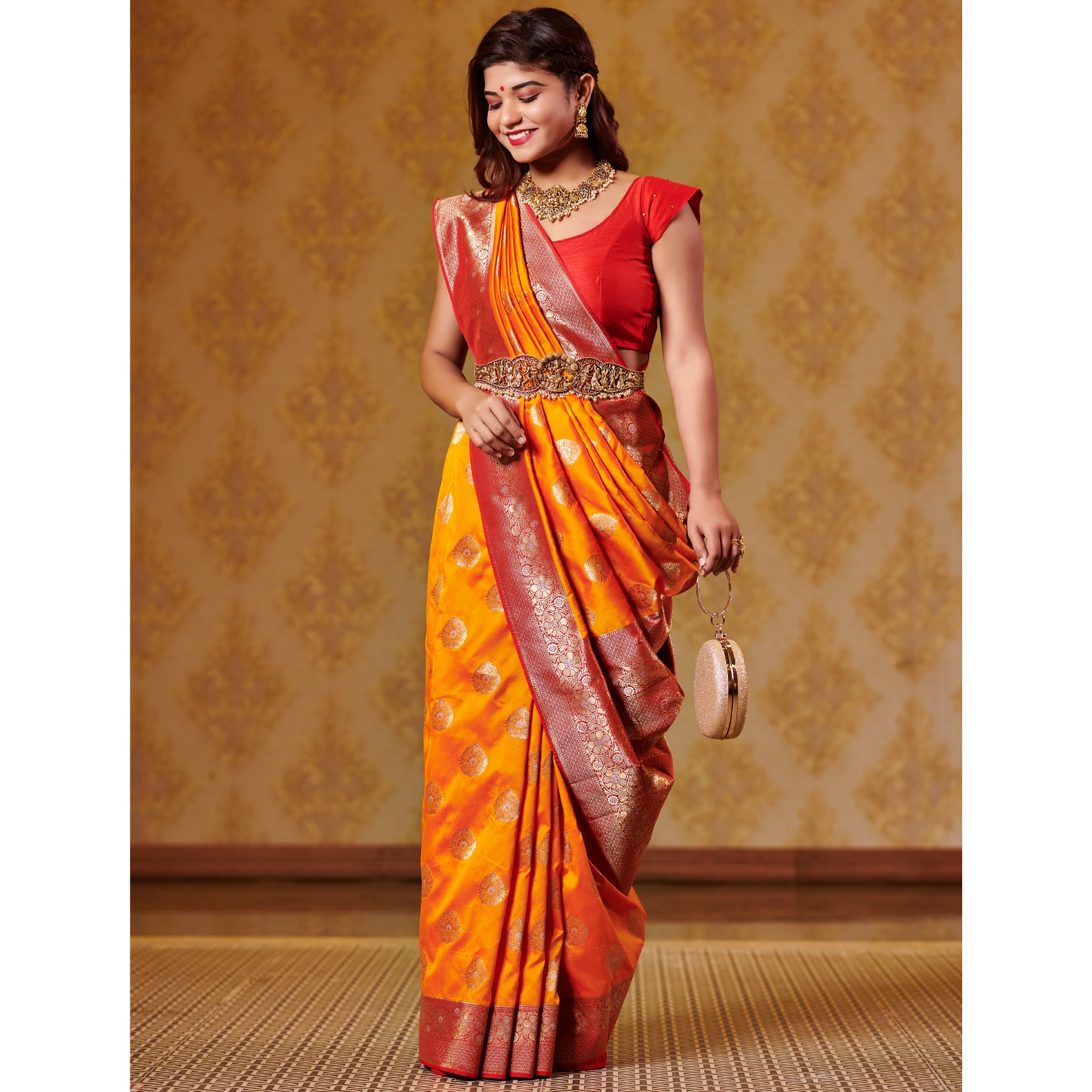Kesar and Red Saree with Zari Bootas and Heavy Border Saree