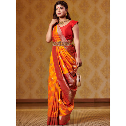 Kesar and Red Saree with Zari Bootas and Heavy Border Saree